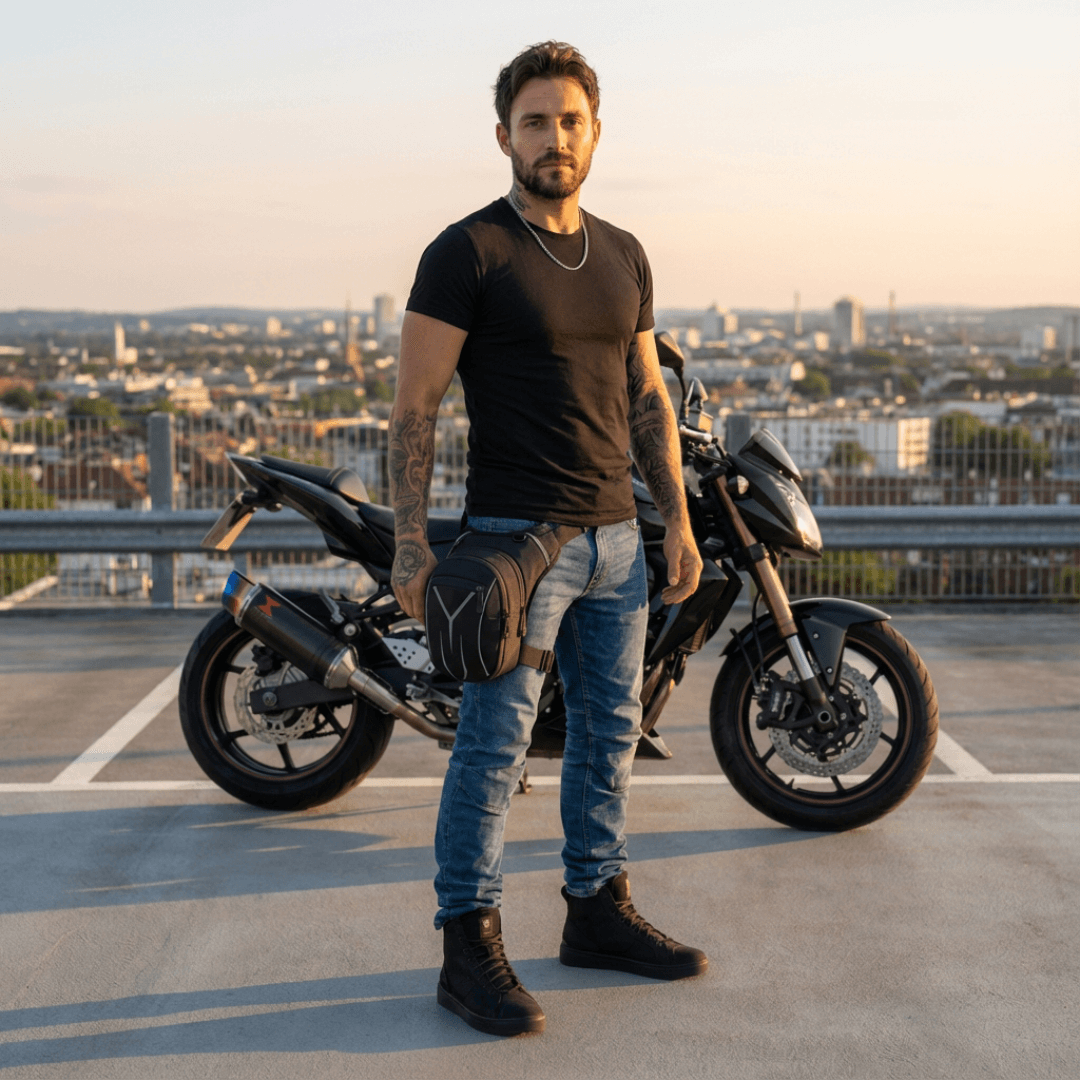 Man standing next to a motorcycle on a rooftop with a cityscape in the background wearing the havoc leg bag